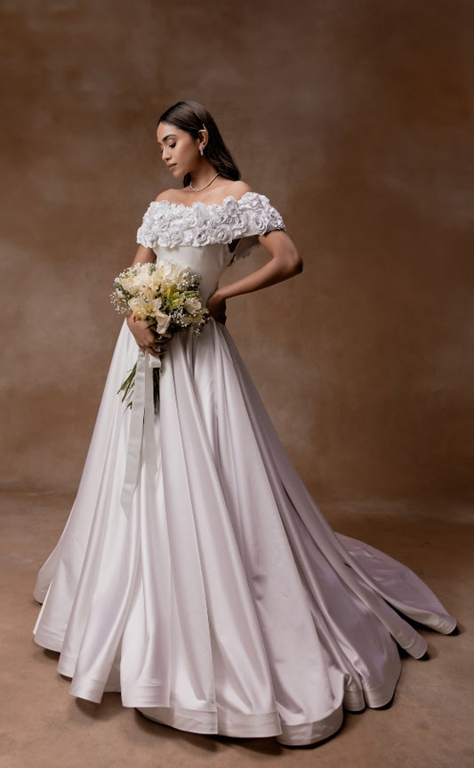 DESIGNER FLORAL APPLIQUE WEDDING GOWN