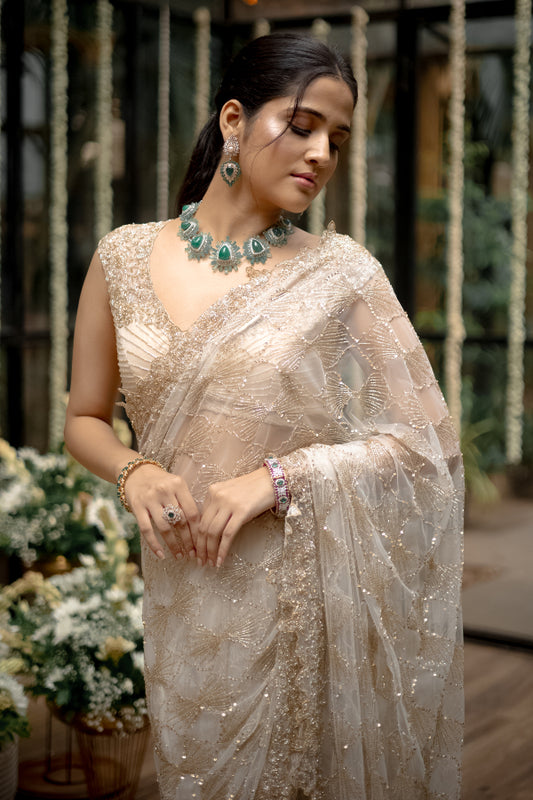 CONTEMPORARY DESIGNER TULLE SAREE IN WHITE