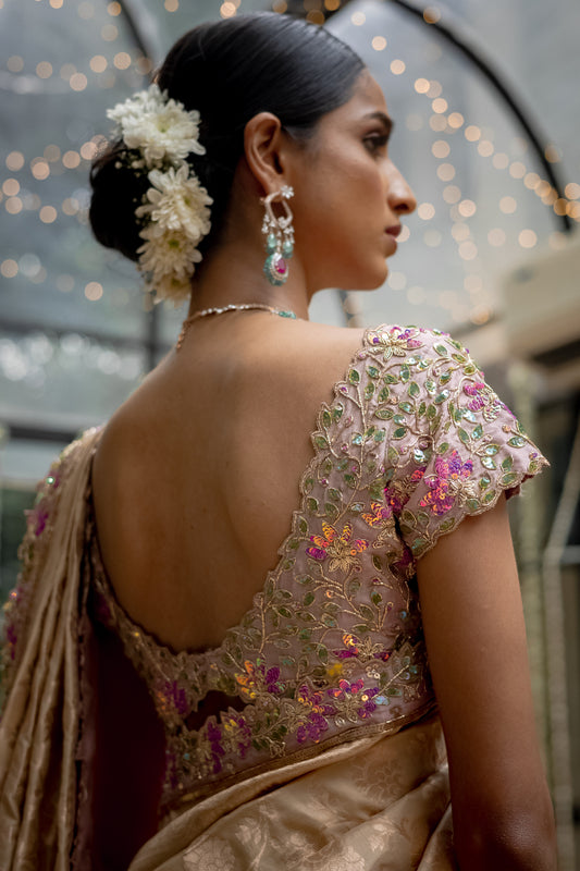 BRIDAL BANARASI SAREE IN BEIGE AND LILAC