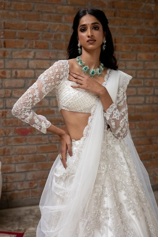 BRIDAL TULLE LEHENGA IN WHITE
