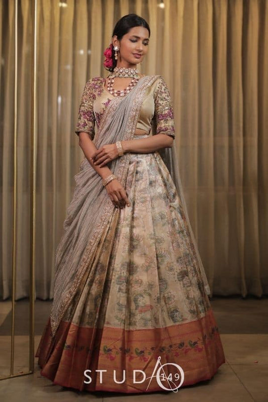 GREY KALAMKARI HALF SAREE SET
