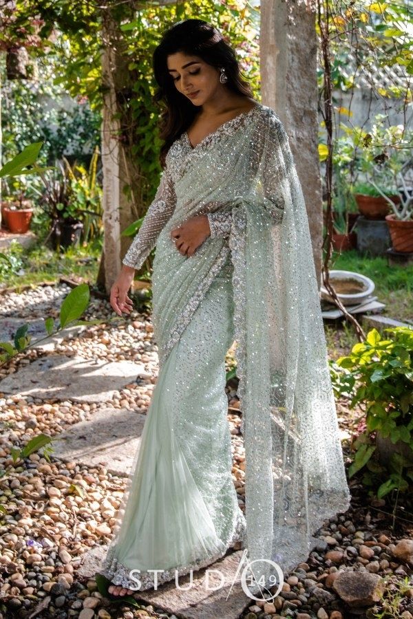 Designer Reception Saree | Sage Green | Wedding Saree Large Designer Reception Saree | Sage Green | Wedding Saree Large
