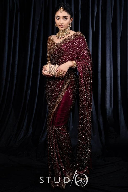 DESIGNER RECEPTION SAREE IN BURGUNDY