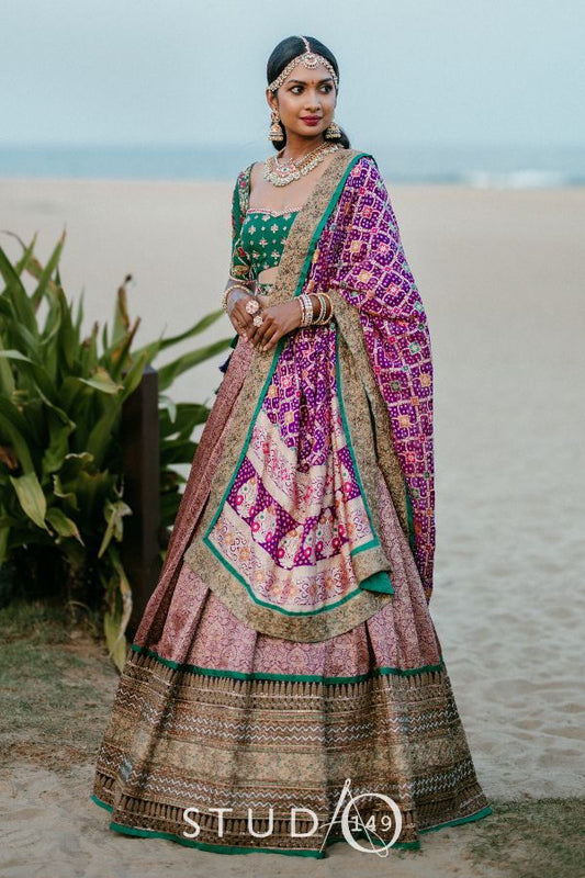 PLEATED BANARES BRIDAL LEHENGA IN PURPLE