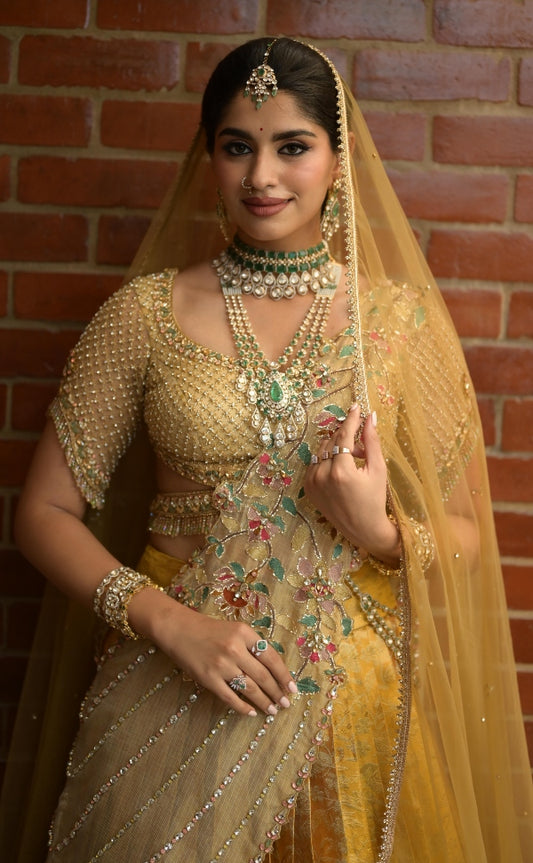 Kanjeevaram half saree in off-white & gold | Bridal / Engagement wear by Studio 149, Chennai