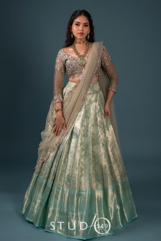 BRIDAL KANJEEVARAM HALF SAREE SET IN SILVER & BLUE