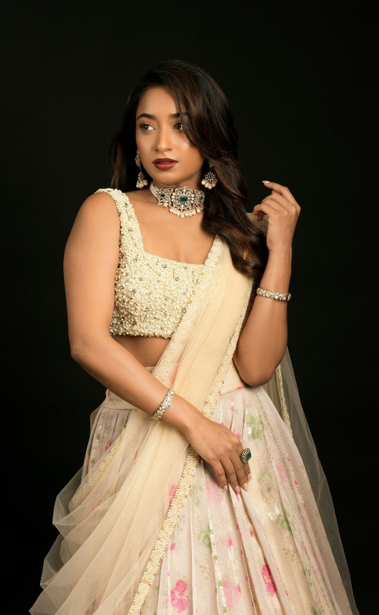 Banarasi half saree in off-white | Bridal / Engagement Wear by Studio 149, Chennai