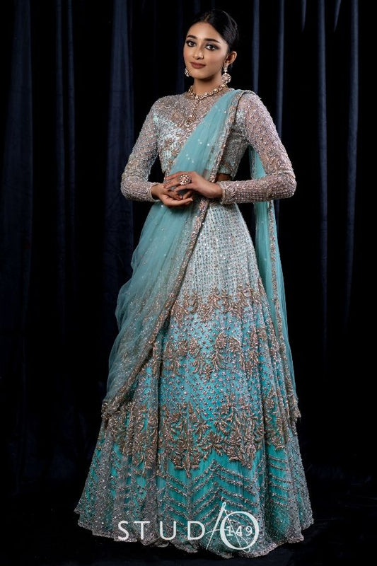 DESIGNER RECEPTION LEHENGA IN AQUA BLUE
