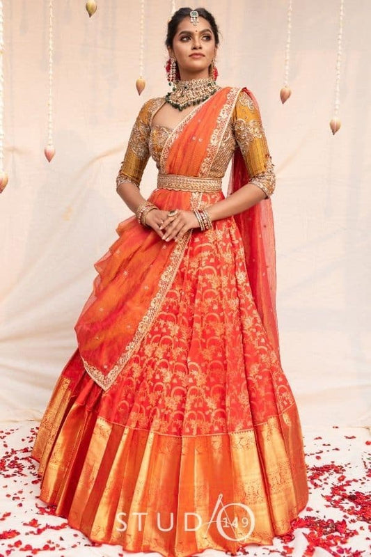 RED AND GOLD KANCHIPURAM BRIDAL HALF SAREE