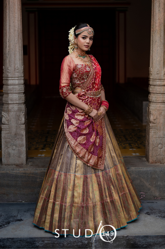 BRIDAL KANJEEVARAM HALF SAREE IN MAROON AND GREY