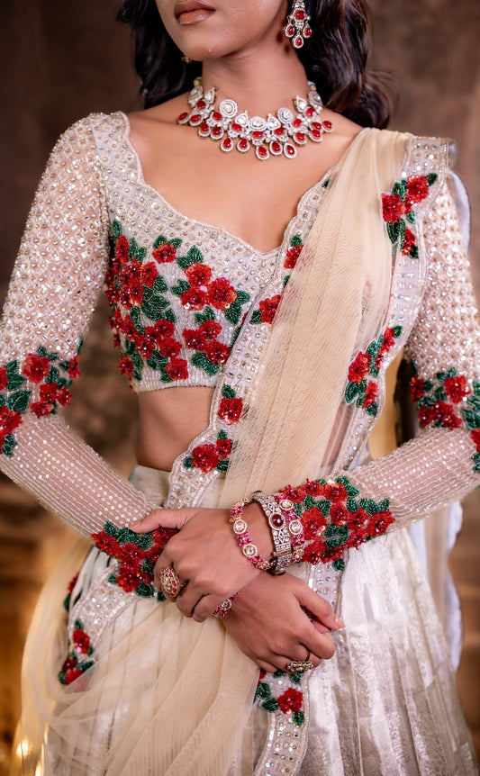 Silver Bridal Kanjivaram Half Saree | Bridal & Engagement Wear by Studio 149, Chennai