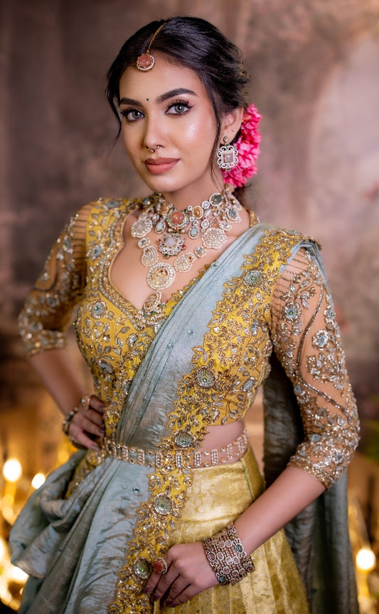 Lime Green and Blue Bridal Kanjivaram Half Saree | Bridal & Engagement Wear by Studio 149, Chennai