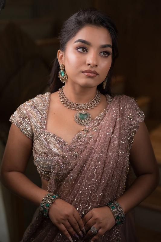 Hand embroidered lehenga in mauve| Reception / Bridal wear by Studio149, Chennai