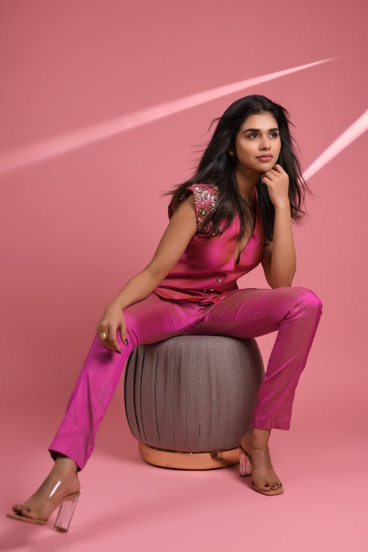 DESIGNER EMBELLISHED JACKET ENSEMBLE IN PINK