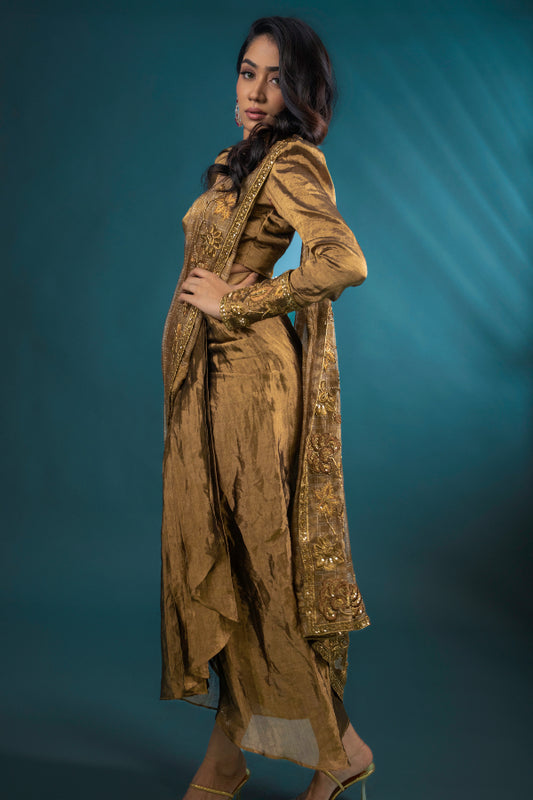 DESIGNER DRAPED SAREE IN GOLD