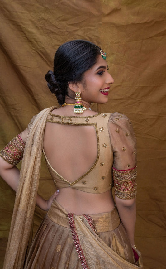 BRIDAL CHANDERI HALF SAREE SET IN GOLD