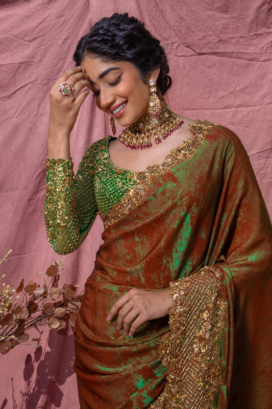 Shimmer satin suede saree | Cocktail / Reception wear by Studio149