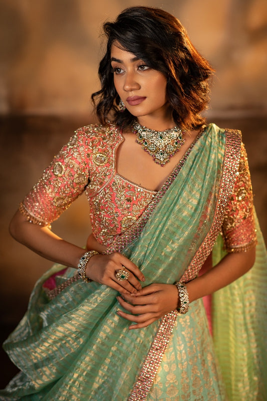BRIDAL BANARAS LEHENGA IN MINT GREEN
