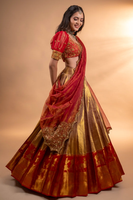 BRIDAL KANJEEVARAM HALF SAREE IN GOLD & RED