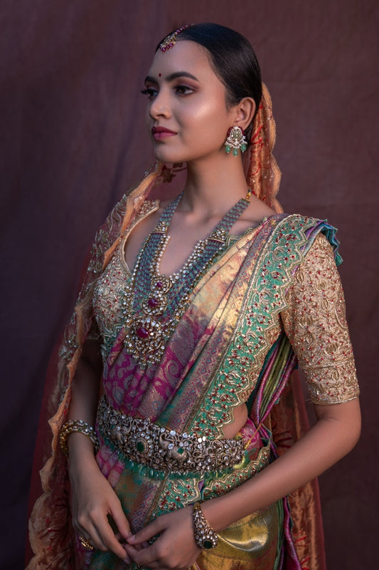BRIDAL MUHURTAM SAREE IN TEAL & PINK