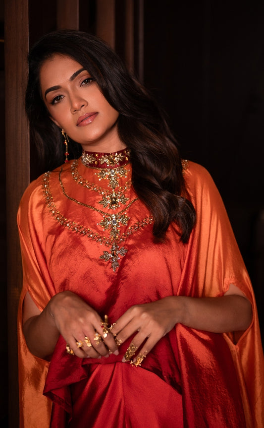 DESIGNER DRAPE SET IN RED ORANGE