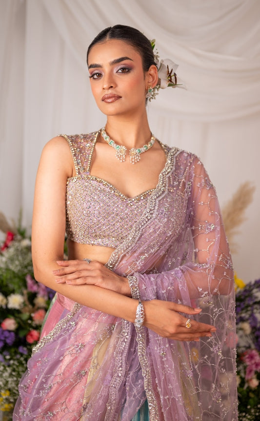Kanjeevaram multi- panel lehenga in lilac | Engagement / Bridal wear by Studio149, Chennai (Copy)