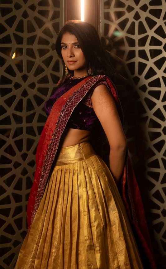 BRIDAL KANJEEVARAM HALF SAREE IN PURPLE AND GOLD