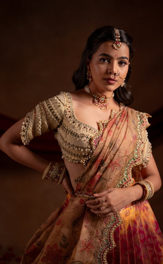 Ivory and Reddish pink Bridal Kanjivaram Half Saree | Bridal & Engagement Wear by Studio 149, Chennai