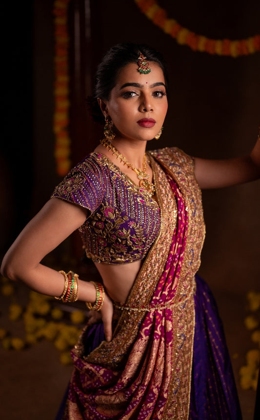 Blue & Pink Bridal Kanjivaram Half Saree | Bridal & Engagement Wear by Studio 149, Chennai