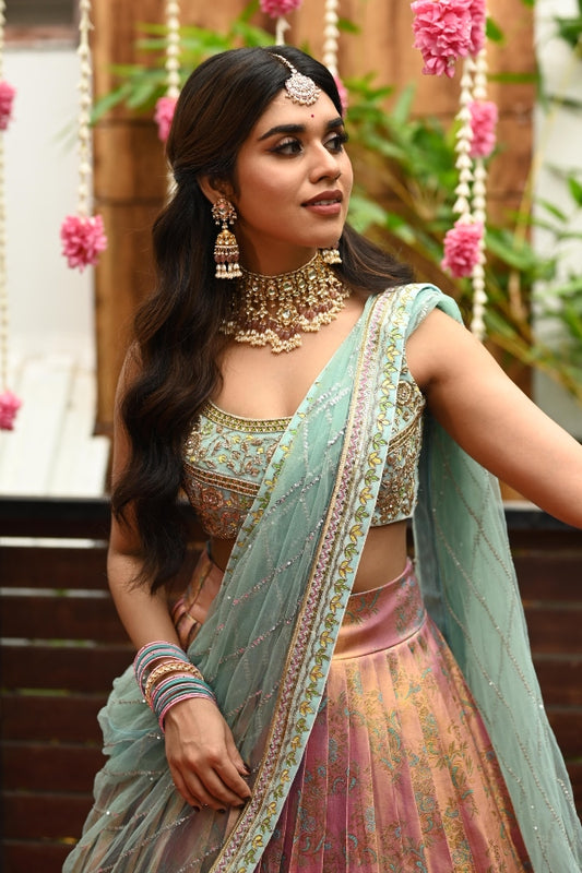 BRIDAL KANJEEVARAM HALF SAREE IN BLUE AND PINK