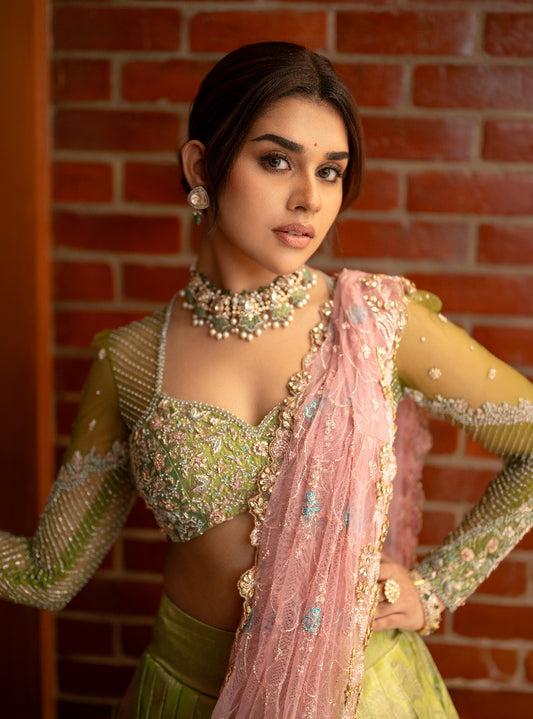 Green and Pink Bridal Kanjivaram Half Saree | Bridal & Engagement Wear by Studio 149, Chennai