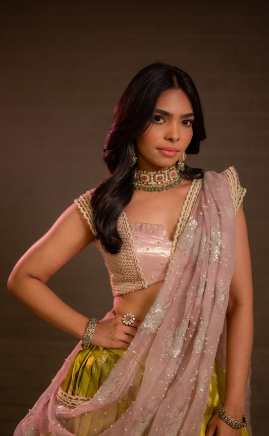 Kanjeevaram Green and Pink Silk Half Saree| Bridal & Engagement wear by Studio149, Chennai