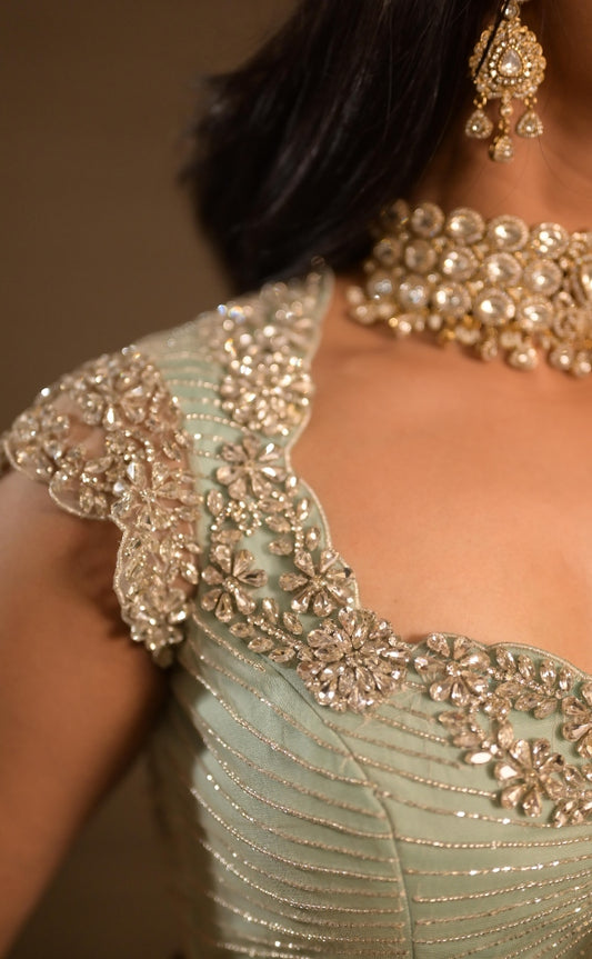 BRIDAL KANJEEVARAM PANELED LEHENGA IN BLUE