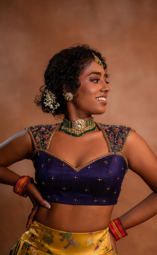 Blue & Yellow Bridal Kanchipuram Pattu Half Saree | Bridal & Engagement wear by Studio149, Chennai