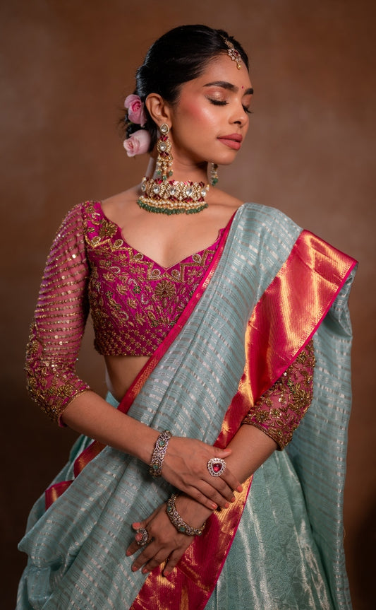 Magenta and Blue Bridal Kanjeevaram Half Saree | Bridal & Engagement wear by Studio149, Chennai