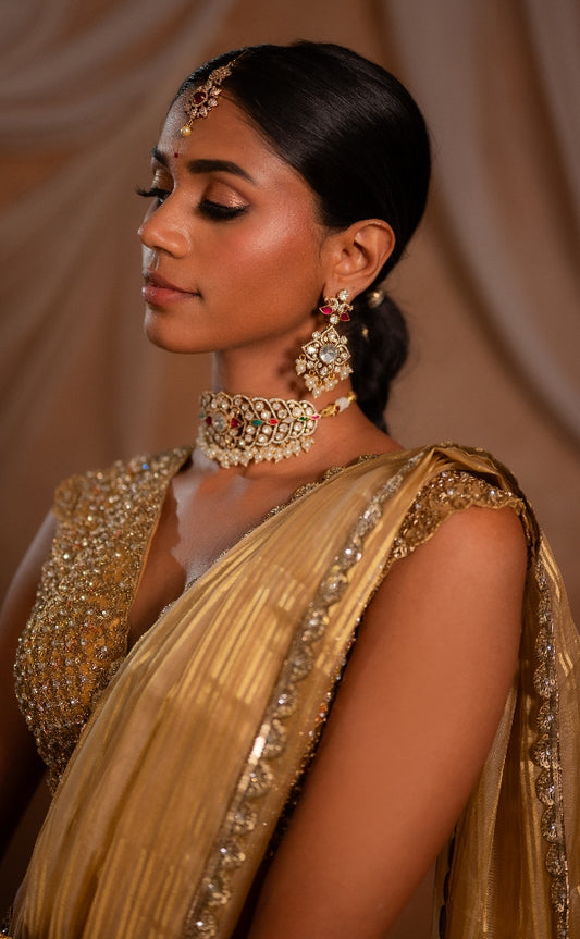 Kanjeevaram multi panelled lehenga in gold | Wedding / Engagement wear by Studio149