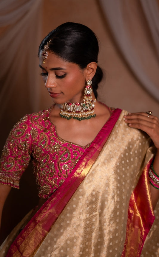 BRIDAL  KANJEEVARAM HALF SAREE IN MAGENTA AND GOLD