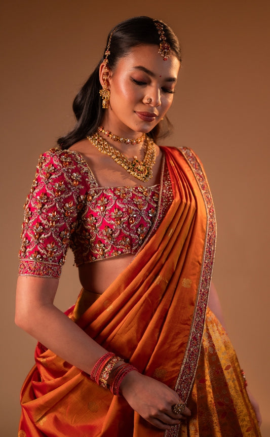 Kanjeevaram half saree in orange and pink | Bridal / Engagement wear by Studio 149, Chennai