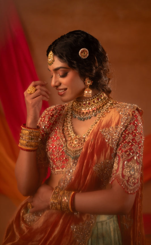 Kanjeevaram half saree in rust & green | Bridal / Engagement wear by Studio 149, Chennai