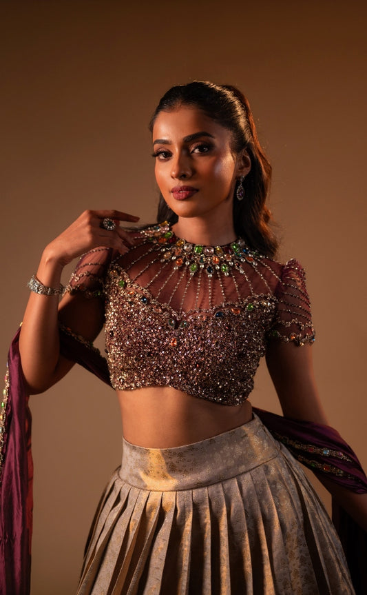 Kanjeevaram half saree in violet & gold | Bridal / Engagement wear by Studio 149, Chennai