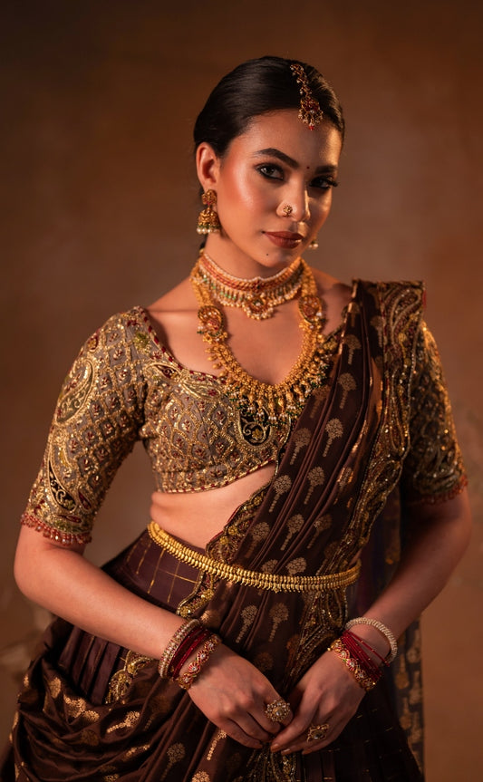 Kanjeevaram half saree in brown & gold | Bridal / Engagement wear by Studio 149, Chennai