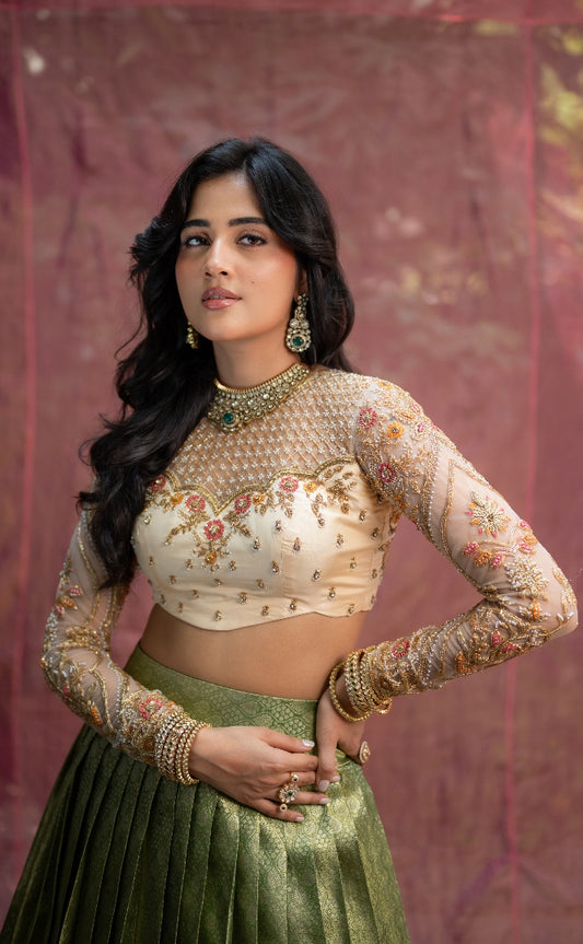 Green Bridal Kanjeevaram Half Saree | Bridal & Engagement Wear by Studio 149, Chennai