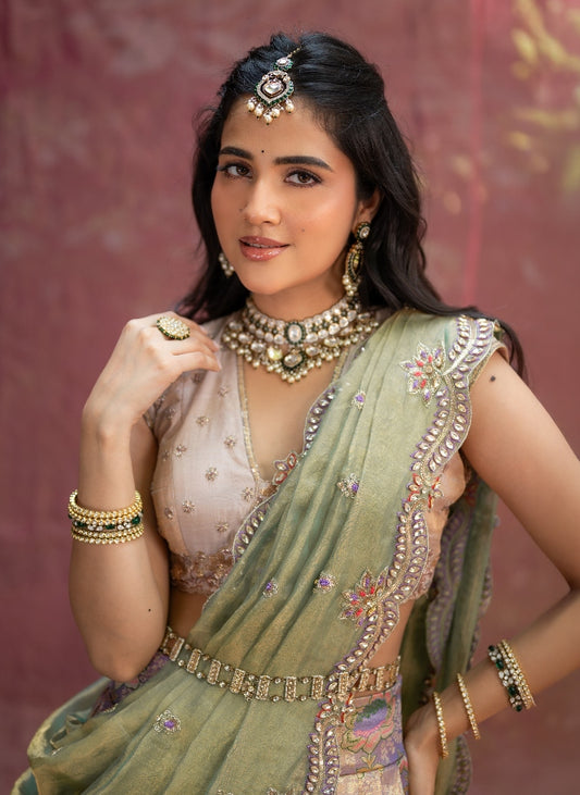 Lilac and Green Bridal Kanjeevaram Half Saree | Bridal & Engagement Wear by Studio 149, Chennai