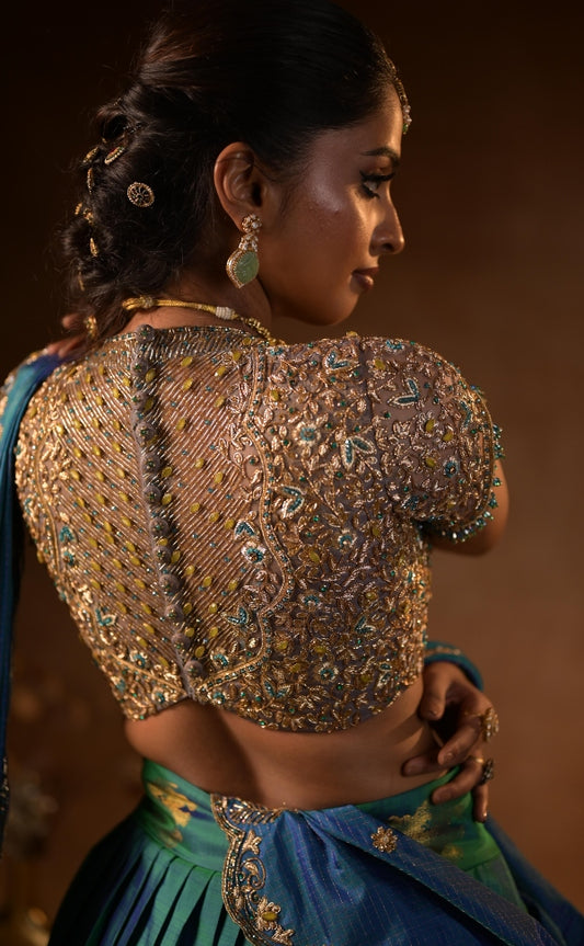 Kanjeevaram half saree in blue & silver | Bridal / Engagement wear by Studio 149, Chennai