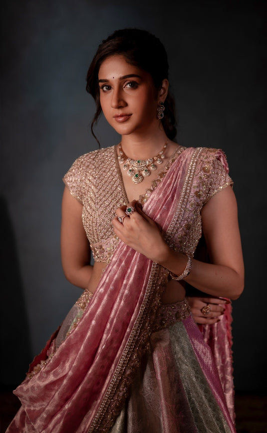 BRIDAL KANJEEVARAM PANELLED LEHENGA IN PASTEL