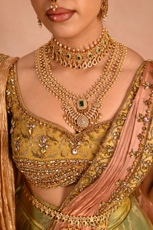 Kanjeevaram half saree in green & mustard | Bridal / Engagement wear by Studio 149, Chennai