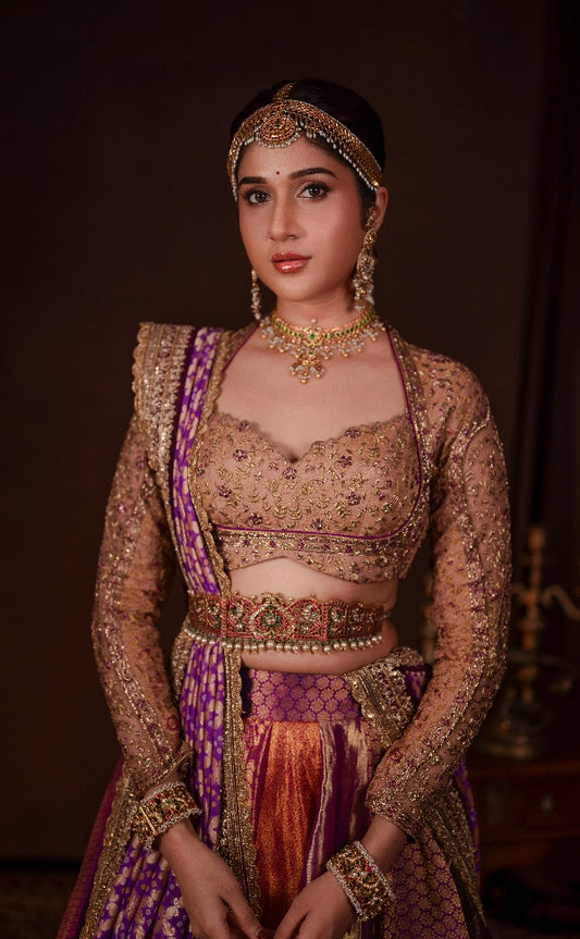 BRIDAL KANJEEVARAM PANELLED LEHENGA IN PURPLE AND GOLD