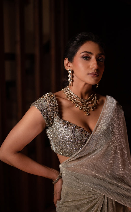 DESIGNER DRAPED SAREE IN MINT GREEN