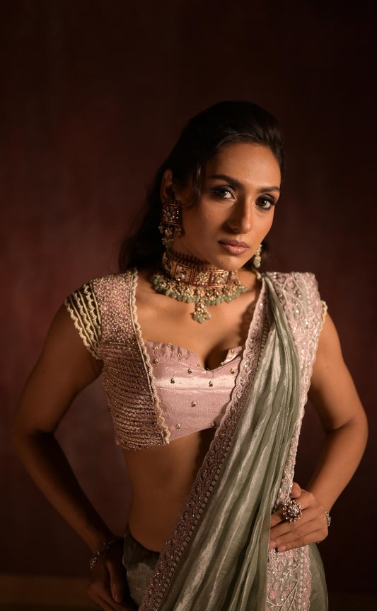 DESIGNER SAREE IN MINT GREEN AND PINK