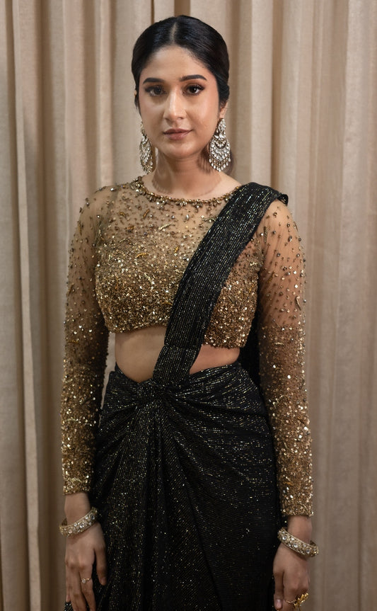 DESIGNER DRAPED SAREE IN BLACK